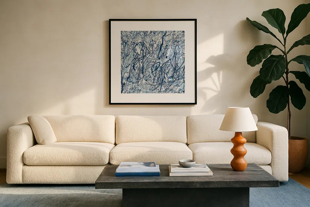 Shore Blues Crop by Piper Rhue. Displayed in a glass frame with matte in a clean modern living room. Available as an archival giclee rolled canvas, fine art paper, or poster print. SKU 30301a.