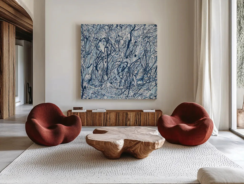 Shore Blues Crop by Piper Rhue. Shown as extra-large giant wall art in a modern living room. Available as an archival giclee rolled canvas, fine art paper, or poster print. SKU 30301a.