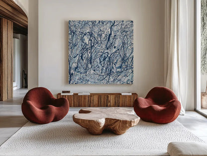 Shore Blues Crop by Piper Rhue. Shown as extra-large giant wall art in a modern living room. Available as an archival giclee rolled canvas, fine art paper, or poster print. SKU 30301a.