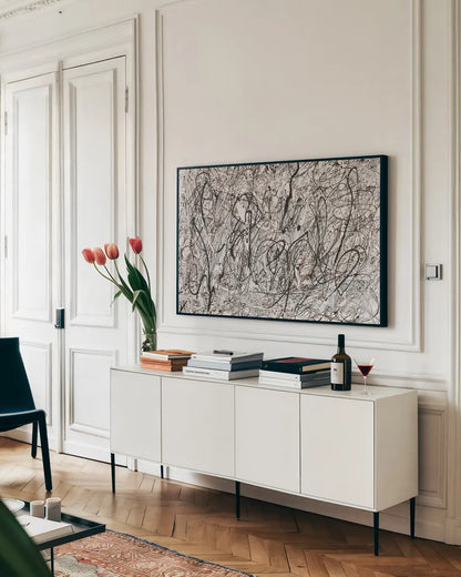 Shore Neutral by Piper Rhue. shown as a framed stretched canvas in a living room above a console. Available as a archival giclee rolled canvas, fine art paper, or poster print. SKU 82323i.