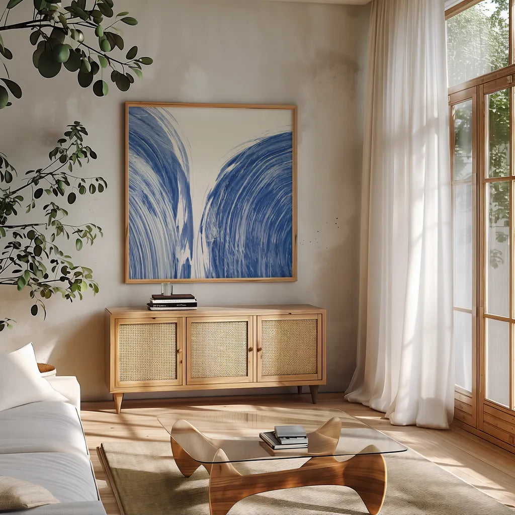 Swirl I by Piper Rhue. Shown in a natural wood frame in a cozy modern living room. Available as an archival giclee rolled canvas, fine art paper, or poster print. SKU 32792a.