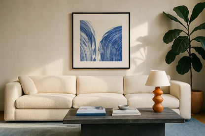 Swirl I by Piper Rhue. Displayed in a glass frame with matte in a clean modern living room. Available as an archival giclee rolled canvas, fine art paper, or poster print. SKU 32792a.