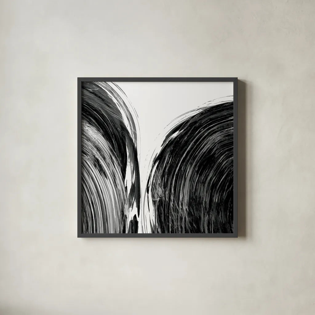 Swirl I BW by Piper Rhue. Shown in a sleek black glass frame for a contemporary gallery look. Available as an archival giclee rolled canvas, fine art paper, or poster print. SKU 86081a.
