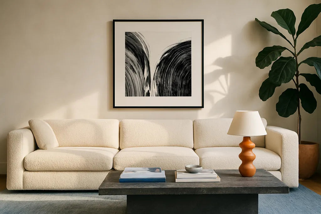 Swirl I BW by Piper Rhue. Displayed in a glass frame with matte in a clean modern living room. Available as an archival giclee rolled canvas, fine art paper, or poster print. SKU 86081a.