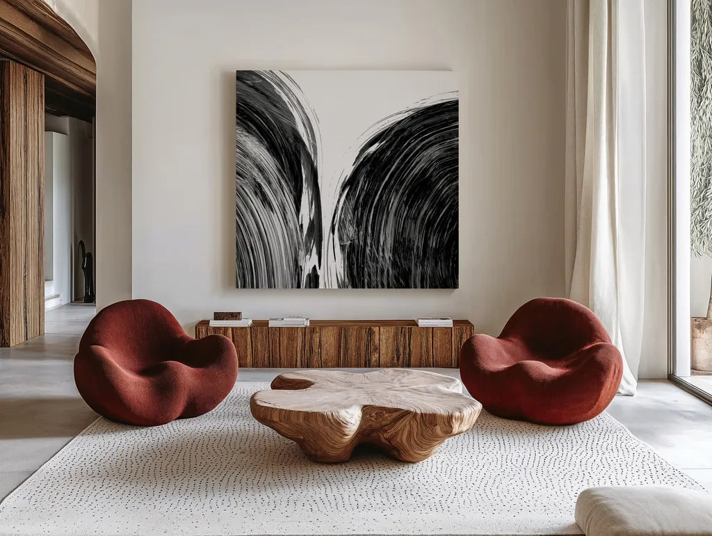 Swirl I BW by Piper Rhue. Shown as extra-large giant wall art in a modern living room. Available as an archival giclee rolled canvas, fine art paper, or poster print. SKU 86081a.