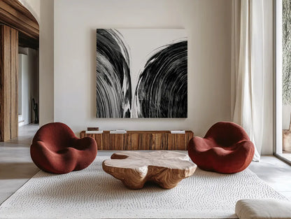 Swirl I BW by Piper Rhue. Shown as extra-large giant wall art in a modern living room. Available as an archival giclee rolled canvas, fine art paper, or poster print. SKU 86081a.