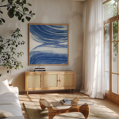 Swirl II by Piper Rhue. Shown in a natural wood frame in a cozy modern living room. Available as an archival giclee rolled canvas, fine art paper, or poster print. SKU 32793a.