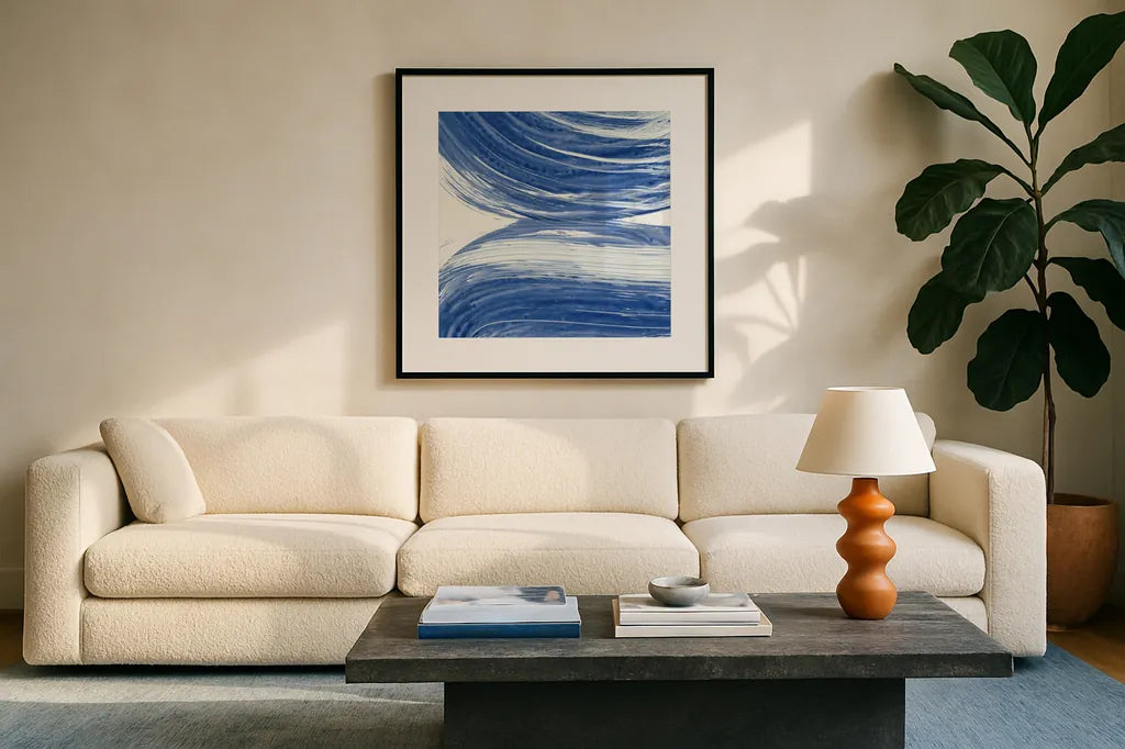 Swirl II by Piper Rhue. Displayed in a glass frame with matte in a clean modern living room. Available as an archival giclee rolled canvas, fine art paper, or poster print. SKU 32793a.