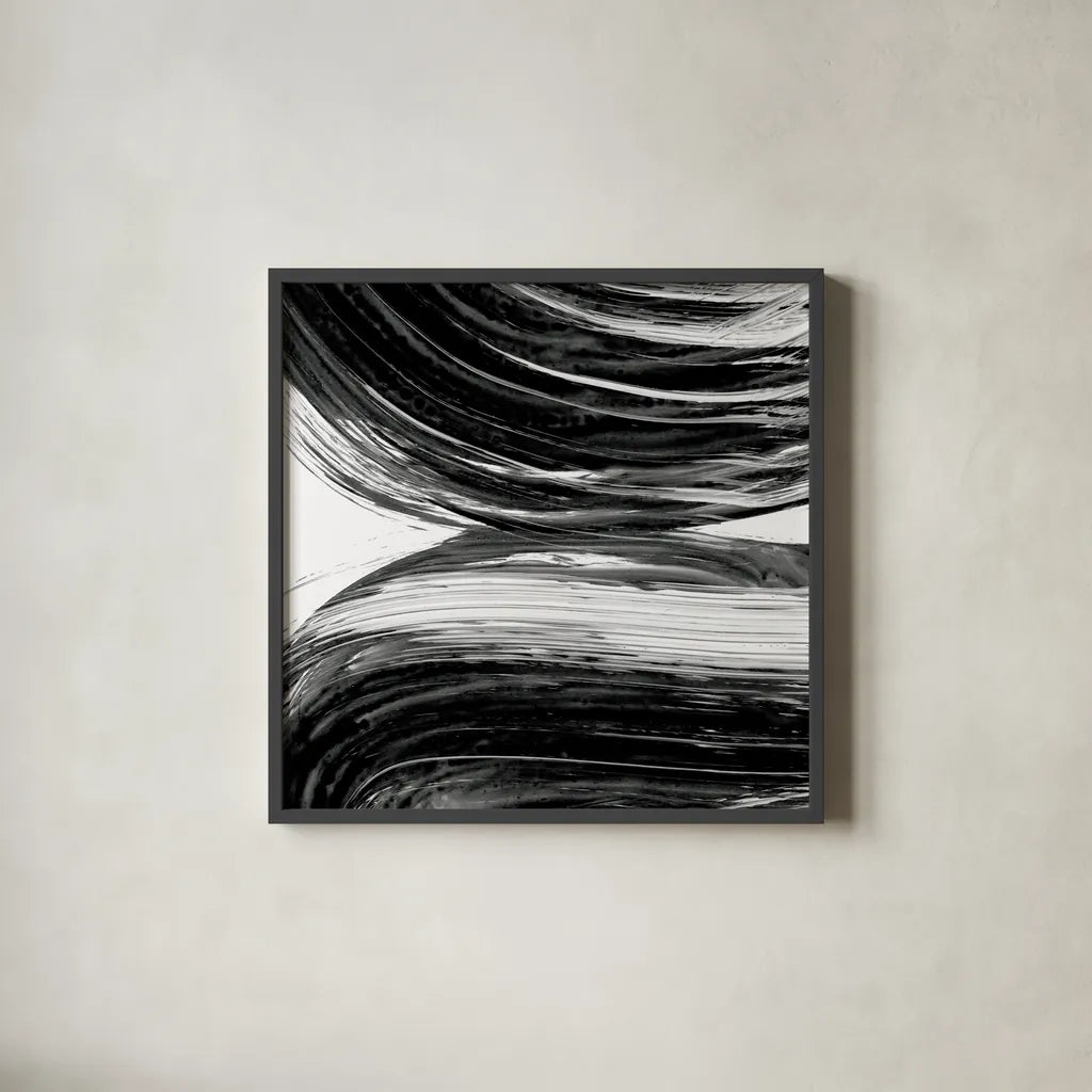 Swirl II BW by Piper Rhue. Shown in a sleek black glass frame for a contemporary gallery look. Available as an archival giclee rolled canvas, fine art paper, or poster print. SKU 86082a.