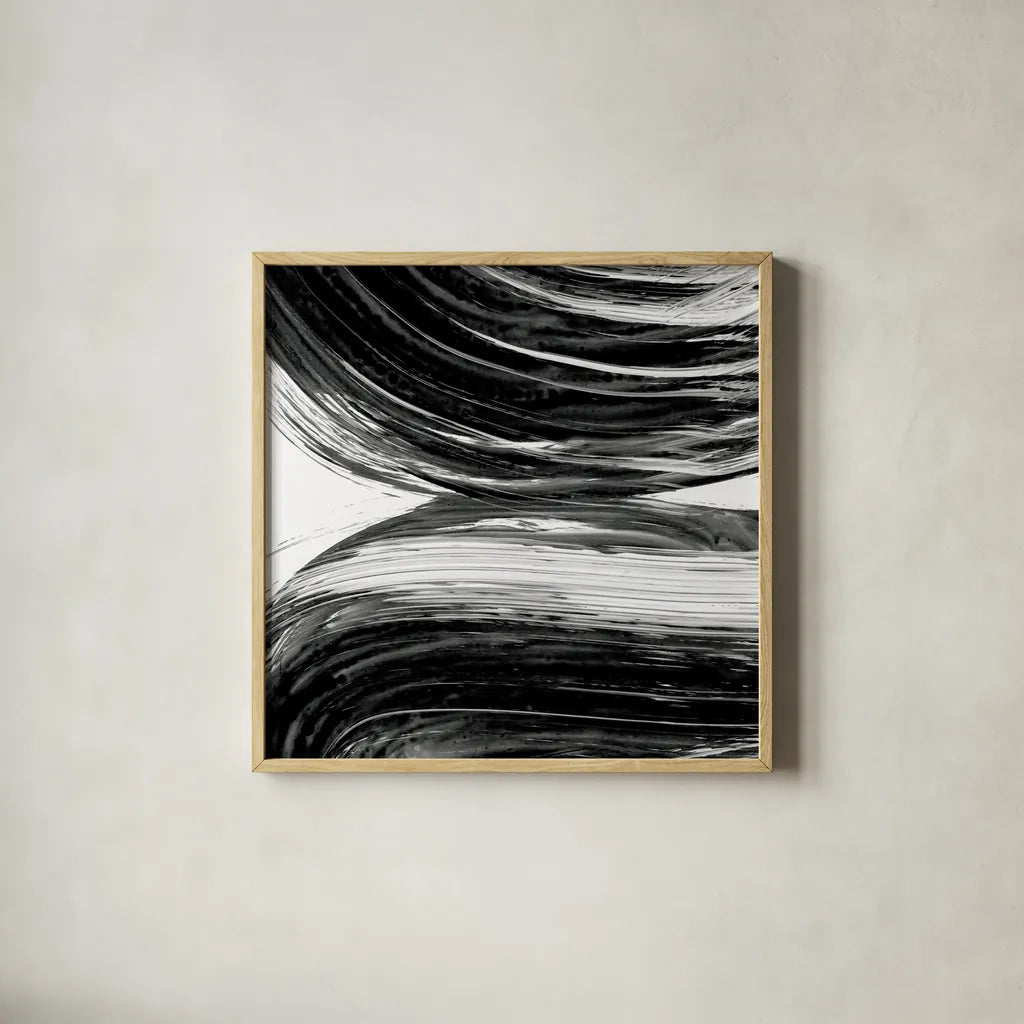 Swirl II BW by Piper Rhue. Shown in a natural wood glass frame for a timeless modern aesthetic. Available as an archival giclee rolled canvas, fine art paper, or poster print. SKU 86082a.