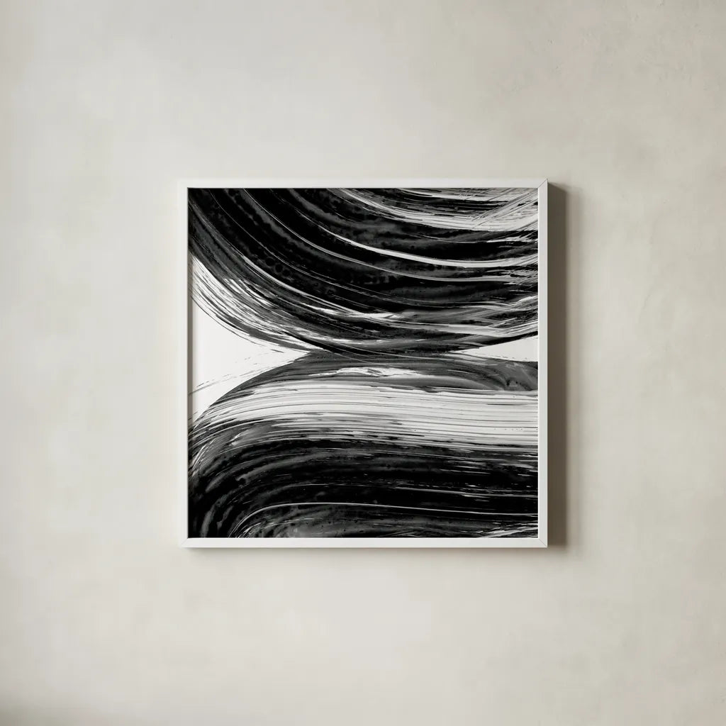 Swirl II BW by Piper Rhue. Shown in a crisp white glass frame for a clean and minimalist style. Available as an archival giclee rolled canvas, fine art paper, or poster print. SKU 86082a.