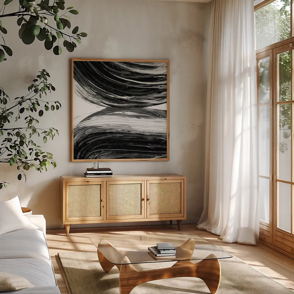 Swirl II BW by Piper Rhue. Shown in a natural wood frame in a cozy modern living room. Available as an archival giclee rolled canvas, fine art paper, or poster print. SKU 86082a.