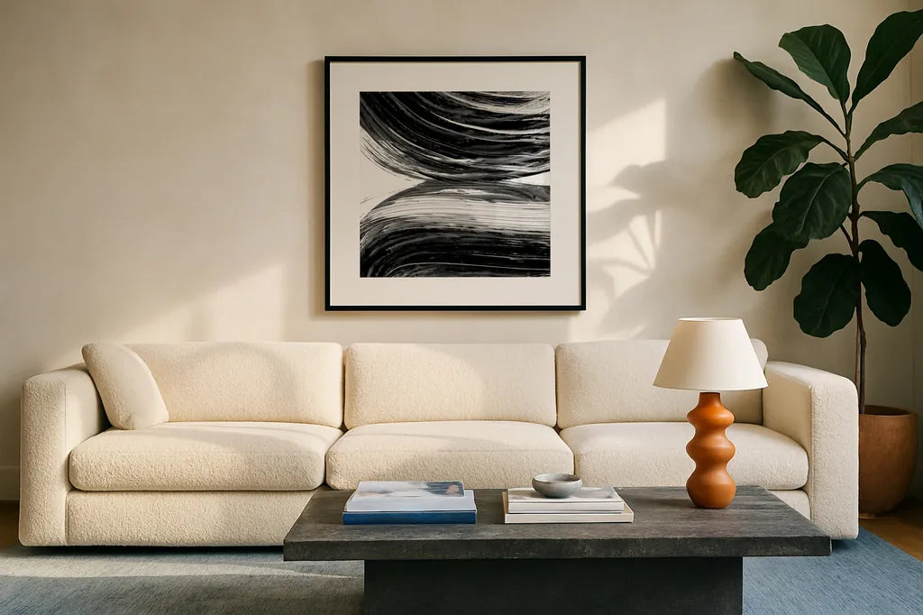 Swirl II BW by Piper Rhue. Displayed in a glass frame with matte in a clean modern living room. Available as an archival giclee rolled canvas, fine art paper, or poster print. SKU 86082a.