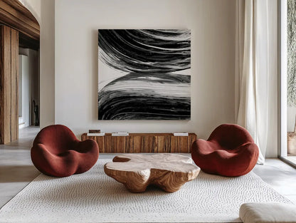 Swirl II BW by Piper Rhue. Shown as extra-large giant wall art in a modern living room. Available as an archival giclee rolled canvas, fine art paper, or poster print. SKU 86082a.