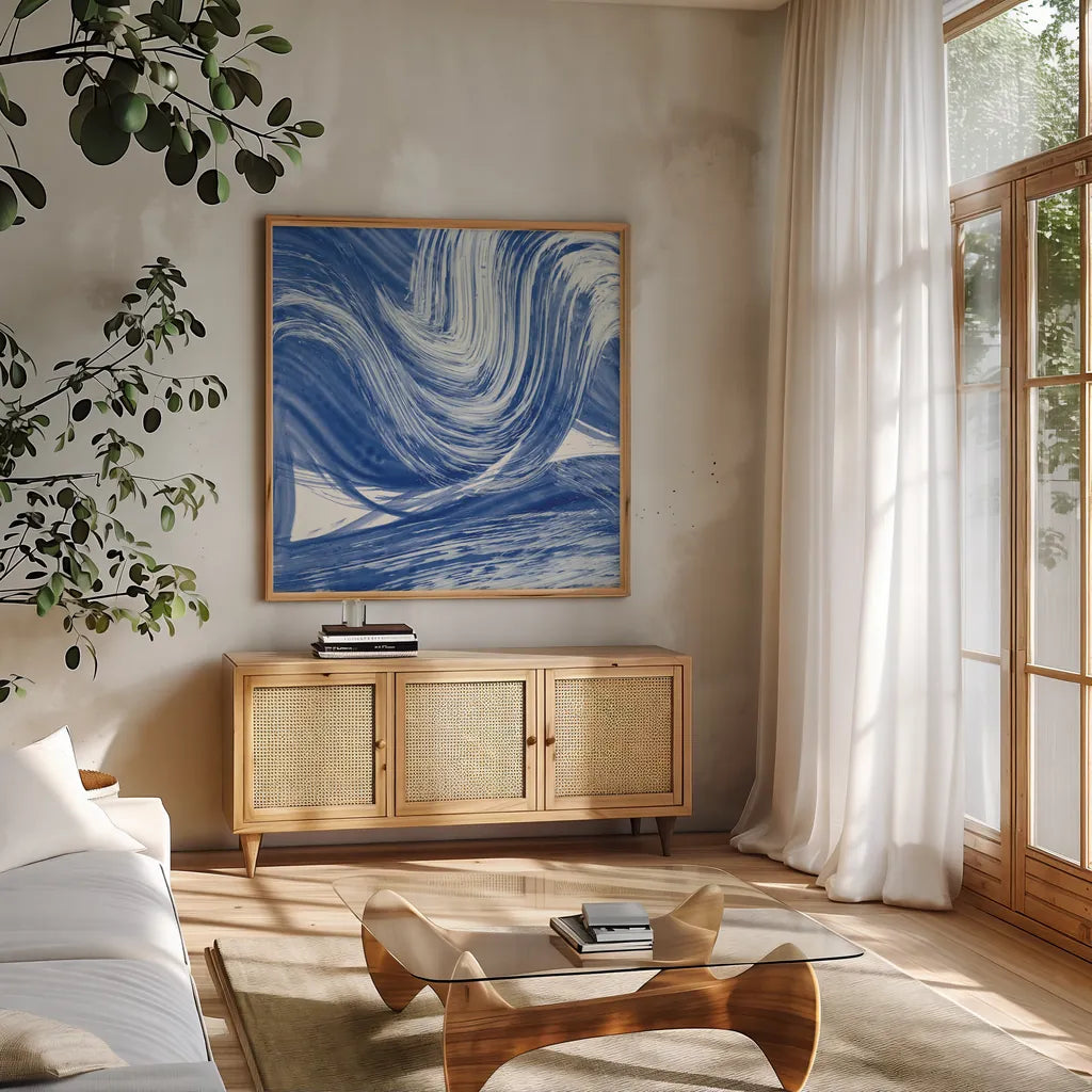 Swirl III by Piper Rhue. Shown in a natural wood frame in a cozy modern living room. Available as an archival giclee rolled canvas, fine art paper, or poster print. SKU 34504a.