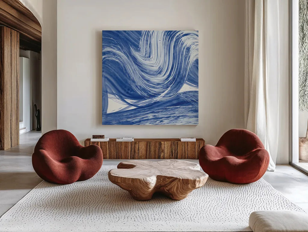 Swirl III by Piper Rhue. Shown as extra-large giant wall art in a modern living room. Available as an archival giclee rolled canvas, fine art paper, or poster print. SKU 34504a.