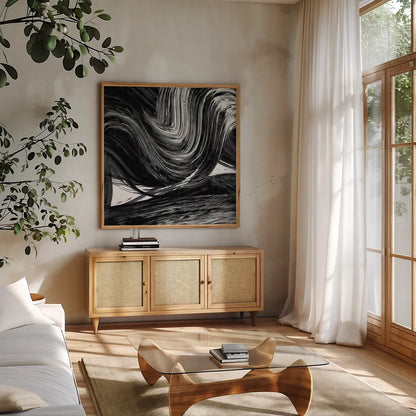 Swirl III BW by Piper Rhue. Shown in a natural wood frame in a cozy modern living room. Available as an archival giclee rolled canvas, fine art paper, or poster print. SKU 86083a.