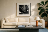 Swirl III BW by Piper Rhue. Displayed in a glass frame with matte in a clean modern living room. Available as an archival giclee rolled canvas, fine art paper, or poster print. SKU 86083a.