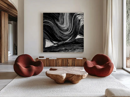 Swirl III BW by Piper Rhue. Shown as extra-large giant wall art in a modern living room. Available as an archival giclee rolled canvas, fine art paper, or poster print. SKU 86083a.