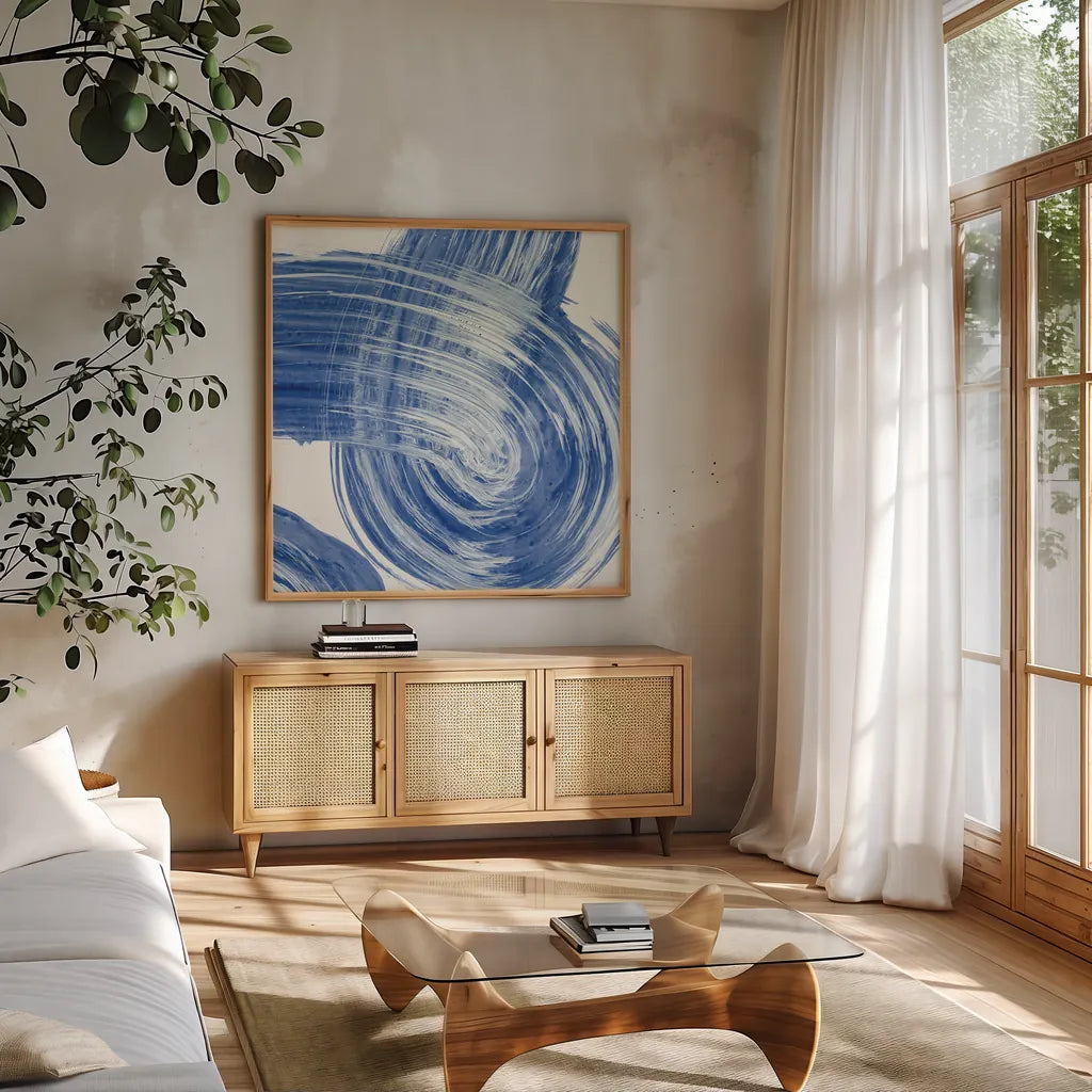 Swirl IV by Piper Rhue. Shown in a natural wood frame in a cozy modern living room. Available as an archival giclee rolled canvas, fine art paper, or poster print. SKU 34505a.