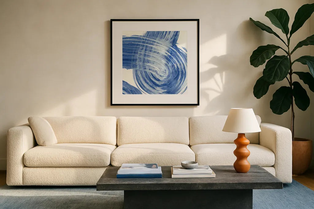 Swirl IV by Piper Rhue. Displayed in a glass frame with matte in a clean modern living room. Available as an archival giclee rolled canvas, fine art paper, or poster print. SKU 34505a.