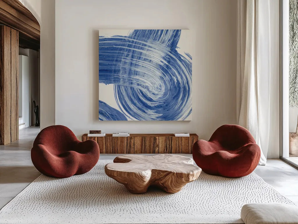 Swirl IV by Piper Rhue. Shown as extra-large giant wall art in a modern living room. Available as an archival giclee rolled canvas, fine art paper, or poster print. SKU 34505a.