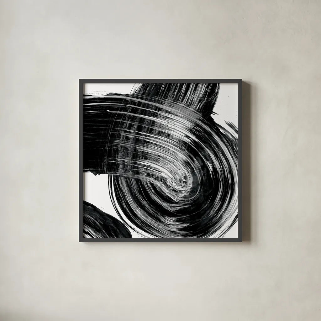 Swirl IV BW by Piper Rhue. Shown in a sleek black glass frame for a contemporary gallery look. Available as an archival giclee rolled canvas, fine art paper, or poster print. SKU 86084a.