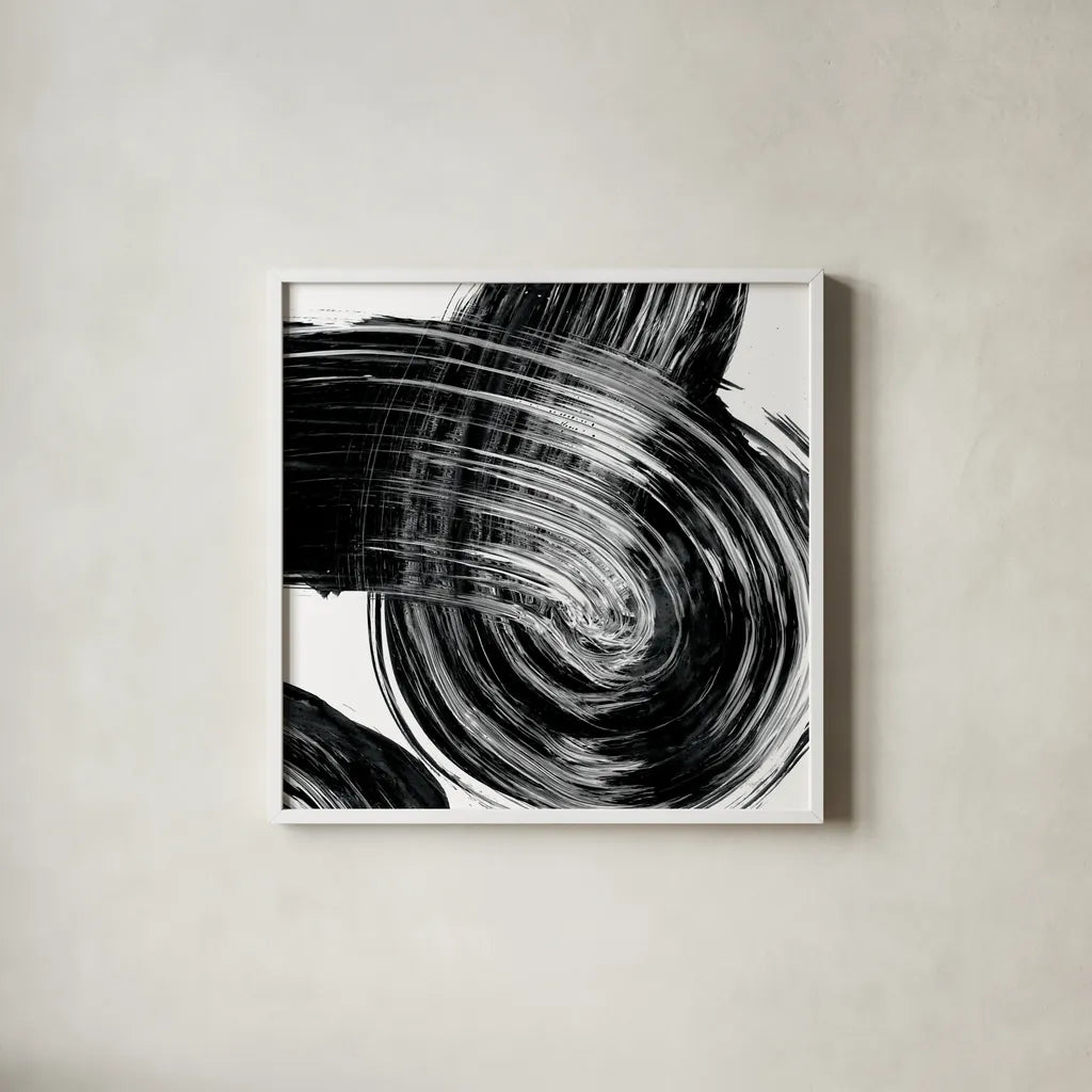 Swirl IV BW by Piper Rhue. Shown in a crisp white glass frame for a clean and minimalist style. Available as an archival giclee rolled canvas, fine art paper, or poster print. SKU 86084a.