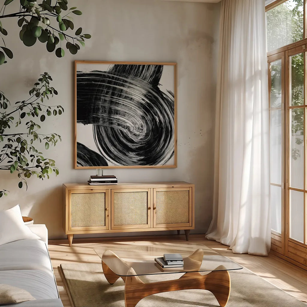 Swirl IV BW by Piper Rhue. Shown in a natural wood frame in a cozy modern living room. Available as an archival giclee rolled canvas, fine art paper, or poster print. SKU 86084a.