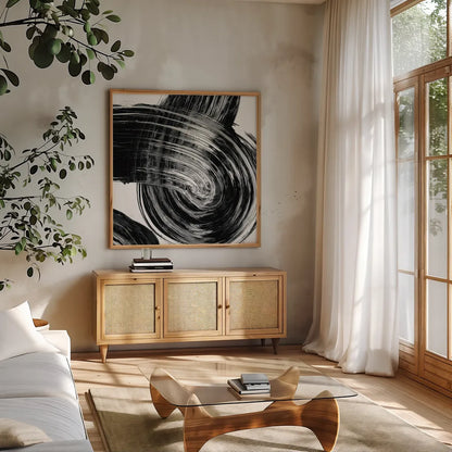 Swirl IV BW by Piper Rhue. Shown in a natural wood frame in a cozy modern living room. Available as an archival giclee rolled canvas, fine art paper, or poster print. SKU 86084a.