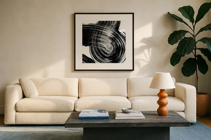 Swirl IV BW by Piper Rhue. Displayed in a glass frame with matte in a clean modern living room. Available as an archival giclee rolled canvas, fine art paper, or poster print. SKU 86084a.