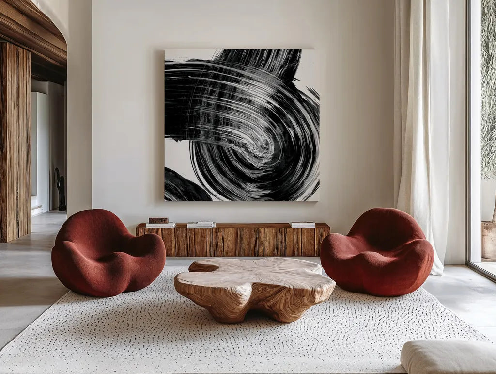 Swirl IV BW by Piper Rhue. Shown as extra-large giant wall art in a modern living room. Available as an archival giclee rolled canvas, fine art paper, or poster print. SKU 86084a.