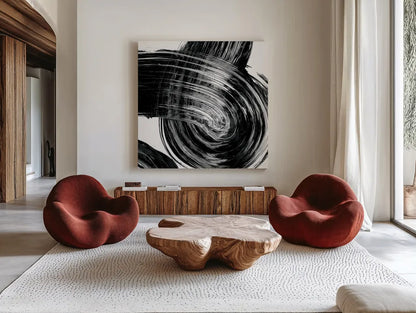 Swirl IV BW by Piper Rhue. Shown as extra-large giant wall art in a modern living room. Available as an archival giclee rolled canvas, fine art paper, or poster print. SKU 86084a.
