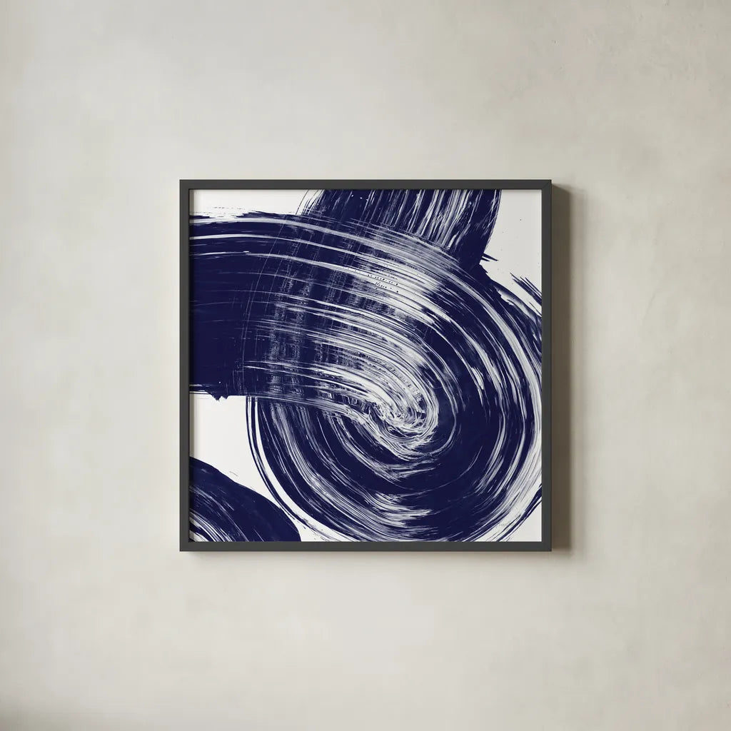 Swirl IV Navy by Piper Rhue. Shown in a sleek black glass frame for a contemporary gallery look. Available as an archival giclee rolled canvas, fine art paper, or poster print. SKU 88497a.