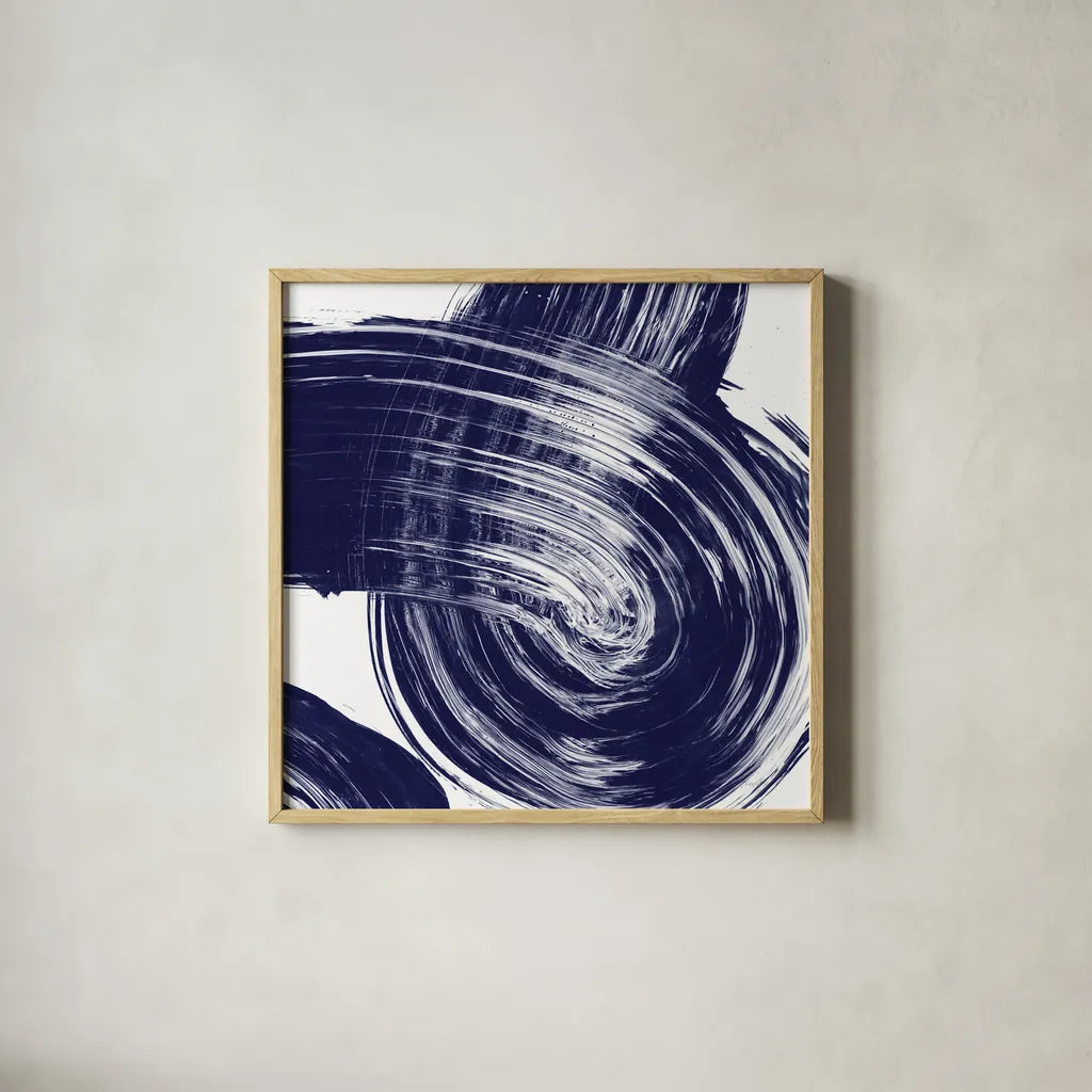 Swirl IV Navy by Piper Rhue. Shown in a natural wood glass frame for a timeless modern aesthetic. Available as an archival giclee rolled canvas, fine art paper, or poster print. SKU 88497a.