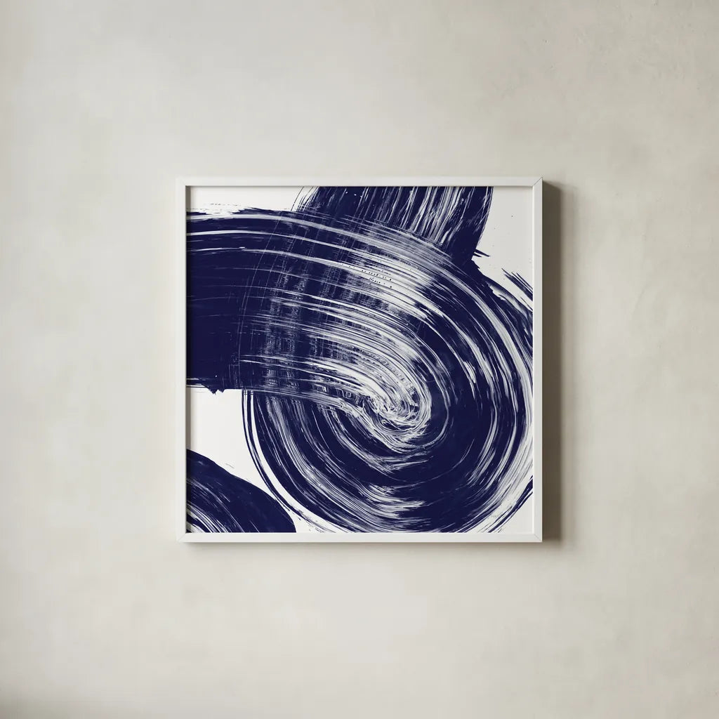 Swirl IV Navy by Piper Rhue. Shown in a crisp white glass frame for a clean and minimalist style. Available as an archival giclee rolled canvas, fine art paper, or poster print. SKU 88497a.