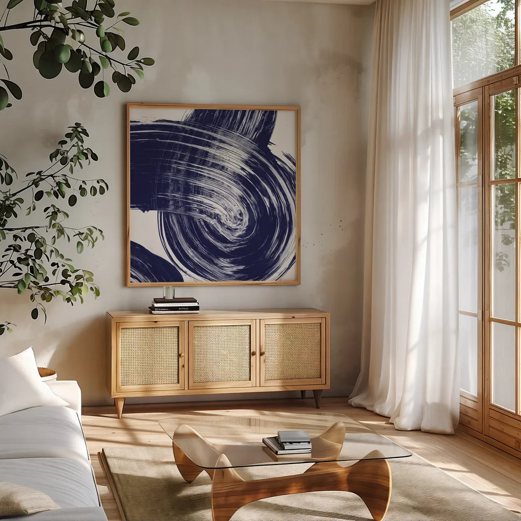 Swirl IV Navy by Piper Rhue. Shown in a natural wood frame in a cozy modern living room. Available as an archival giclee rolled canvas, fine art paper, or poster print. SKU 88497a.