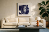 Swirl IV Navy by Piper Rhue. Displayed in a glass frame with matte in a clean modern living room. Available as an archival giclee rolled canvas, fine art paper, or poster print. SKU 88497a.