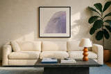 Swish of Magenta I by Piper Rhue. Displayed in a glass frame with matte in a clean modern living room. Available as an archival giclee rolled canvas, fine art paper, or poster print. SKU 34926a.
