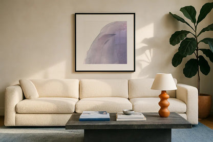 Swish of Magenta I by Piper Rhue. Displayed in a glass frame with matte in a clean modern living room. Available as an archival giclee rolled canvas, fine art paper, or poster print. SKU 34926a.