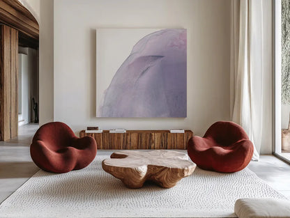 Swish of Magenta I by Piper Rhue. Shown as extra-large giant wall art in a modern living room. Available as an archival giclee rolled canvas, fine art paper, or poster print. SKU 34926a.