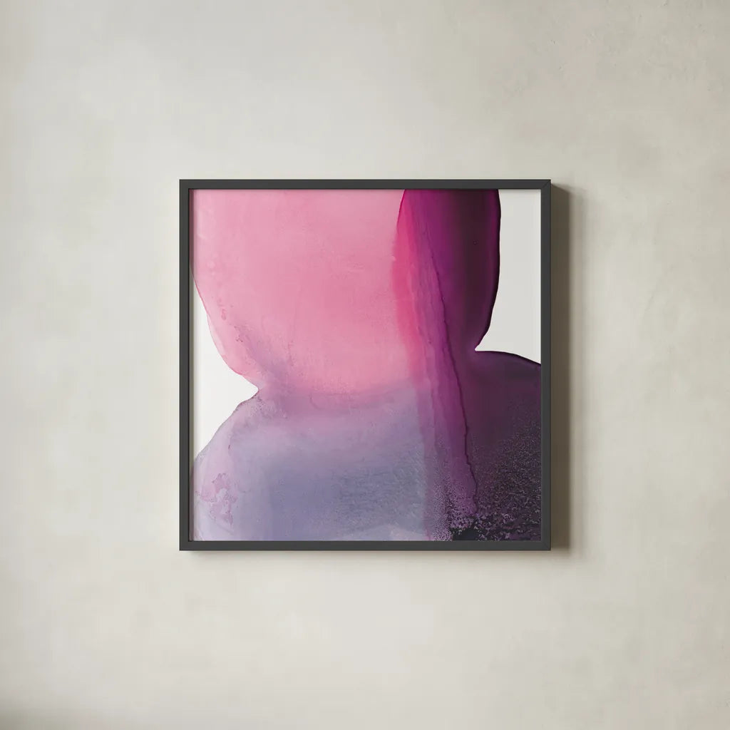 Swish of Magenta II by Piper Rhue. Shown in a sleek black glass frame for a contemporary gallery look. Available as an archival giclee rolled canvas, fine art paper, or poster print. SKU 34927a.