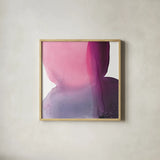 Swish of Magenta II by Piper Rhue. Shown in a natural wood glass frame for a timeless modern aesthetic. Available as an archival giclee rolled canvas, fine art paper, or poster print. SKU 34927a.