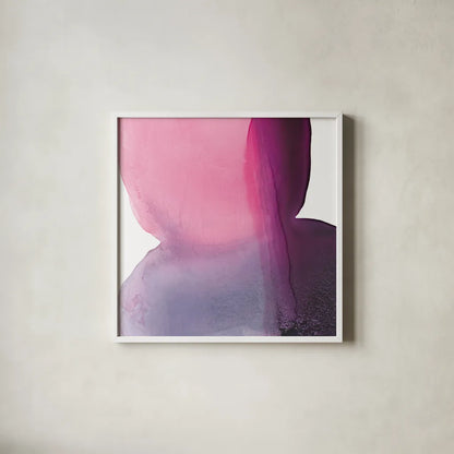 Swish of Magenta II by Piper Rhue. Shown in a crisp white glass frame for a clean and minimalist style. Available as an archival giclee rolled canvas, fine art paper, or poster print. SKU 34927a.