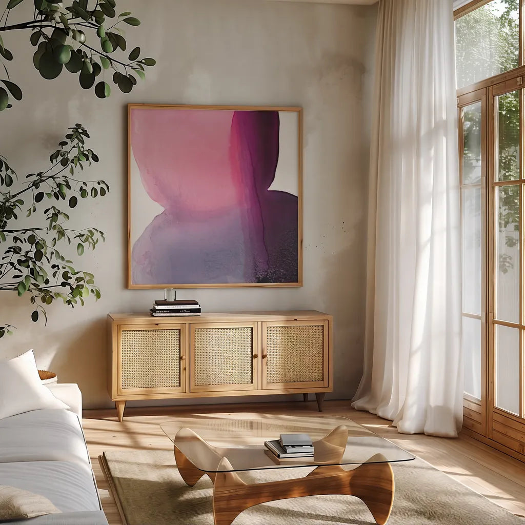 Swish of Magenta II by Piper Rhue. Shown in a natural wood frame in a cozy modern living room. Available as an archival giclee rolled canvas, fine art paper, or poster print. SKU 34927a.