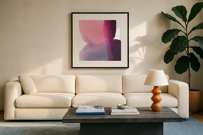 Swish of Magenta II by Piper Rhue. Displayed in a glass frame with matte in a clean modern living room. Available as an archival giclee rolled canvas, fine art paper, or poster print. SKU 34927a.