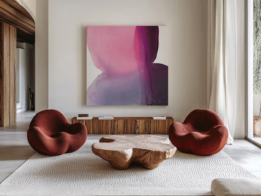 Swish of Magenta II by Piper Rhue. Shown as extra-large giant wall art in a modern living room. Available as an archival giclee rolled canvas, fine art paper, or poster print. SKU 34927a.