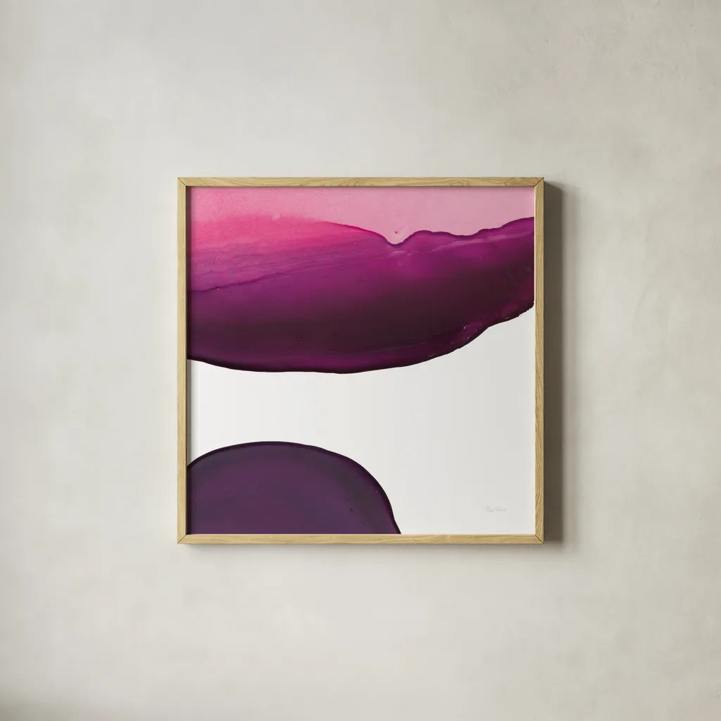 Swish of Magenta III by Piper Rhue. Shown in a natural wood glass frame for a timeless modern aesthetic. Available as an archival giclee rolled canvas, fine art paper, or poster print. SKU 34928a.