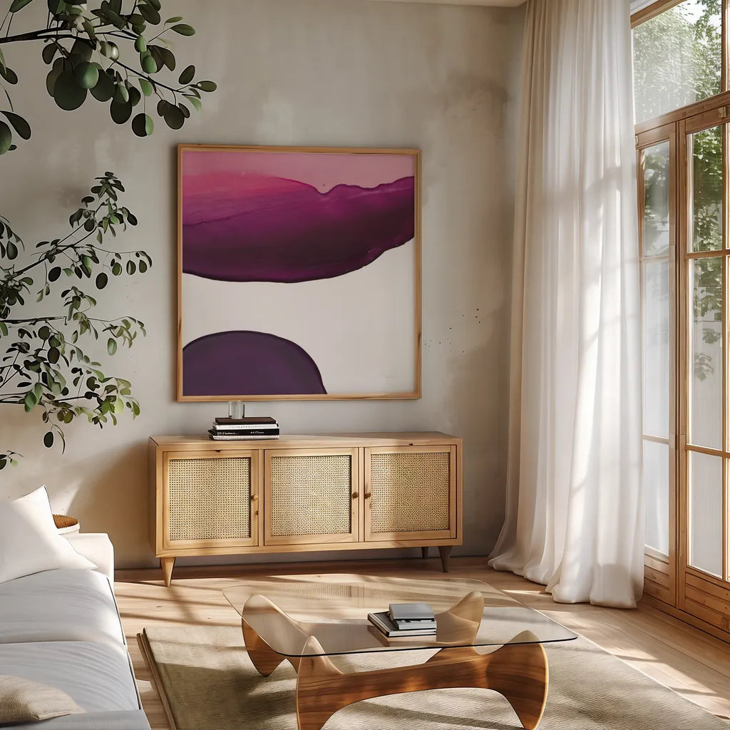 Swish of Magenta III by Piper Rhue. Shown in a natural wood frame in a cozy modern living room. Available as an archival giclee rolled canvas, fine art paper, or poster print. SKU 34928a.