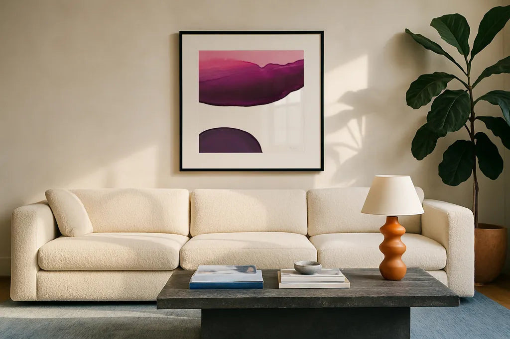 Swish of Magenta III by Piper Rhue. Displayed in a glass frame with matte in a clean modern living room. Available as an archival giclee rolled canvas, fine art paper, or poster print. SKU 34928a.